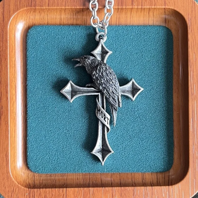 

925 Sterling Silver Male Big Pendant Chain Unique Punk Gothic Cross Crow Necklace for Men Fashion Fine Jewelry Chain