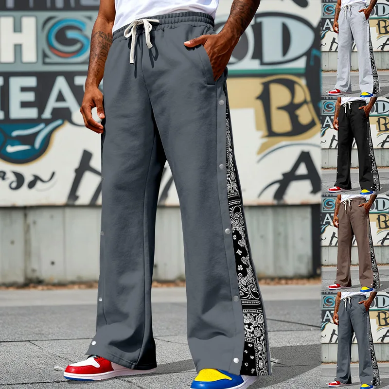 Men Wide Leg Sweatpants Side Button Paisley Patchwork Trousers Elastic Drawstring Hip Hop Streetwear Loose Casual Sports Pants