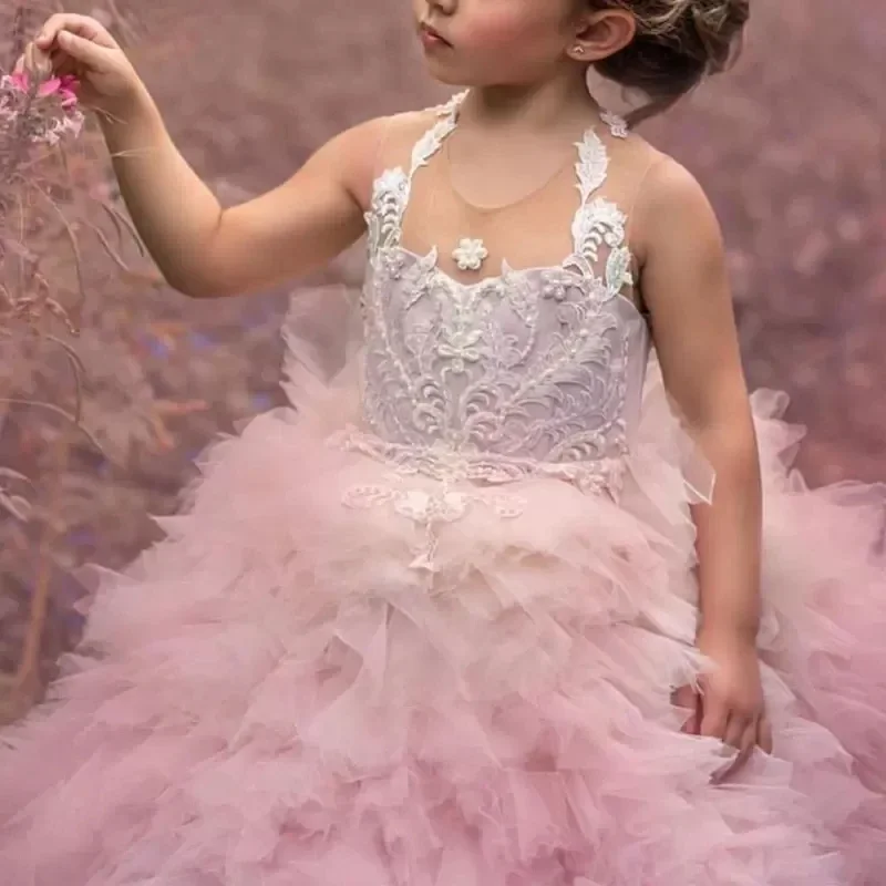 Custom JDY High End Handmade Tiered Ruffle Lace Halter Flower Girl Dress Wedding Party Birthday Pageant Gown Princess Ball Gown