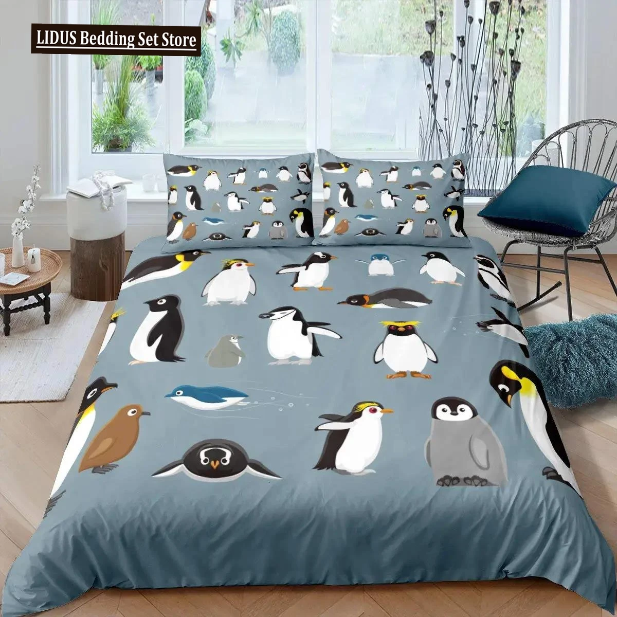 

Penguin Duvet Cover Set Antarctic Animals Bedding Set For Kids Boys Girls Cartoon Style King Size Winter Theme Comforter Cover