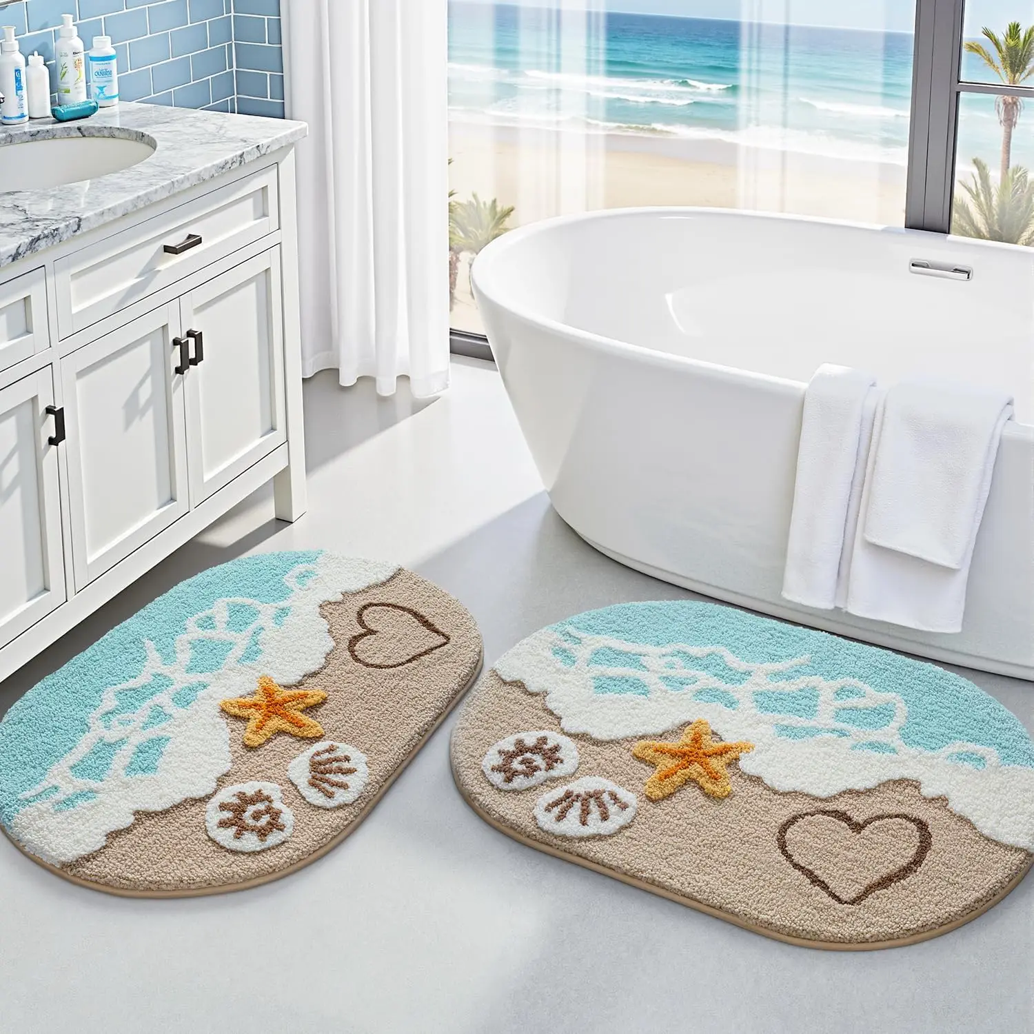 

2-Piece Ocean Theme Bathroom Rugs Set, Non-Slip Soft Washable Quick-Dry Mat for Shower Floor, Kitchen Decor, Kids Room