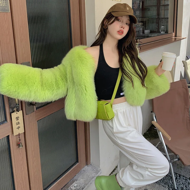 New street bombing fluorescent green environmentally friendly fur jacket for women, short Korean version, atmospheric and