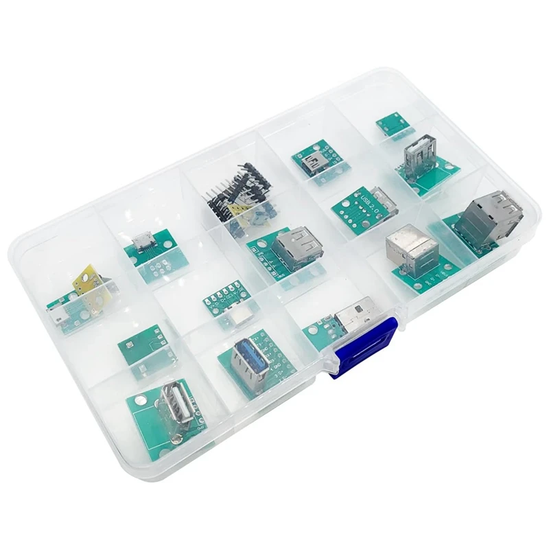 JAJA Mini USB To DIP Connector With PCB Board, Micro-USB,USB 2.0,Type C,USB B,USB 3.0,16 Models Socket Adapter Set