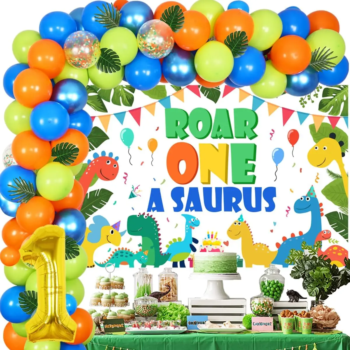 

kreatwow Dinosaur One A Saurus 1st Birthday Party Decoration Balloon Garland Kit with Backdrop Roar First Birthday Supplies