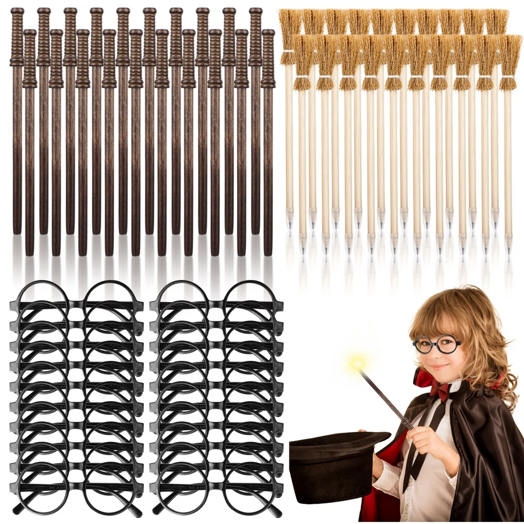 60Pcs/Set Wizard Party Supplies Wand Pencils Witch Broom Pencils Glasses Wizard Pencils And Glasses For Halloween Party Supplies