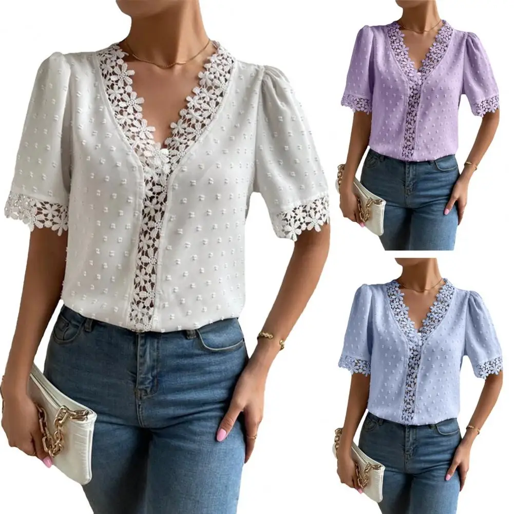 Women T-shirt Floral Lace Splicing V Neck Short Sleeves Pullovers Solid Color Elegant Summer Ladies Tee Blouse Top Streetwear