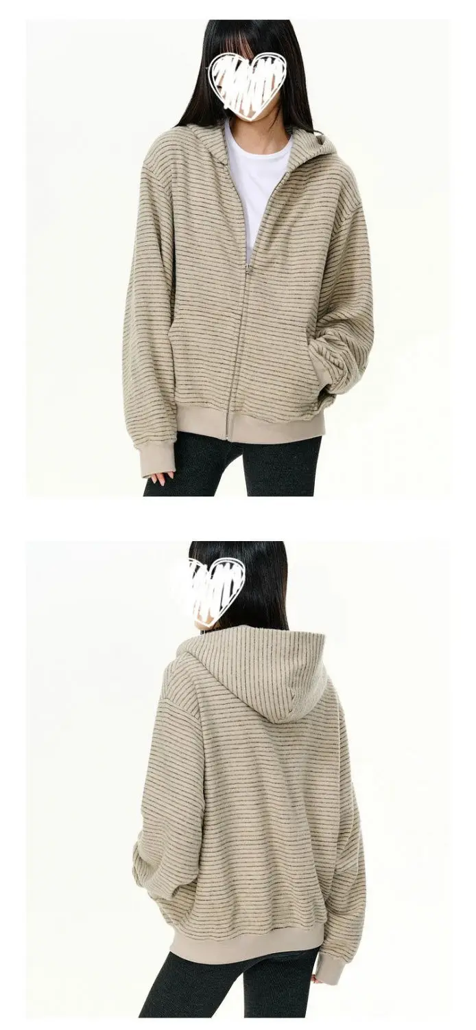 Spring Autumn Striped Zipper Hooded Sweatshirt Jacket 2025 Women's New Top Fashionable Casual Loose American Style Cardigan
