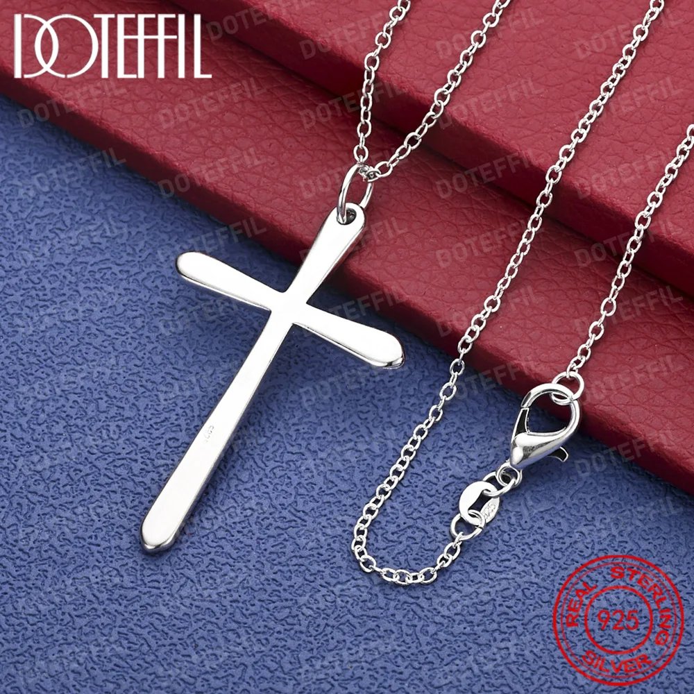 925 Sterling Silver Long Cross Pendant Necklace For Woman Wedding Engagement Party Charm Jewelry