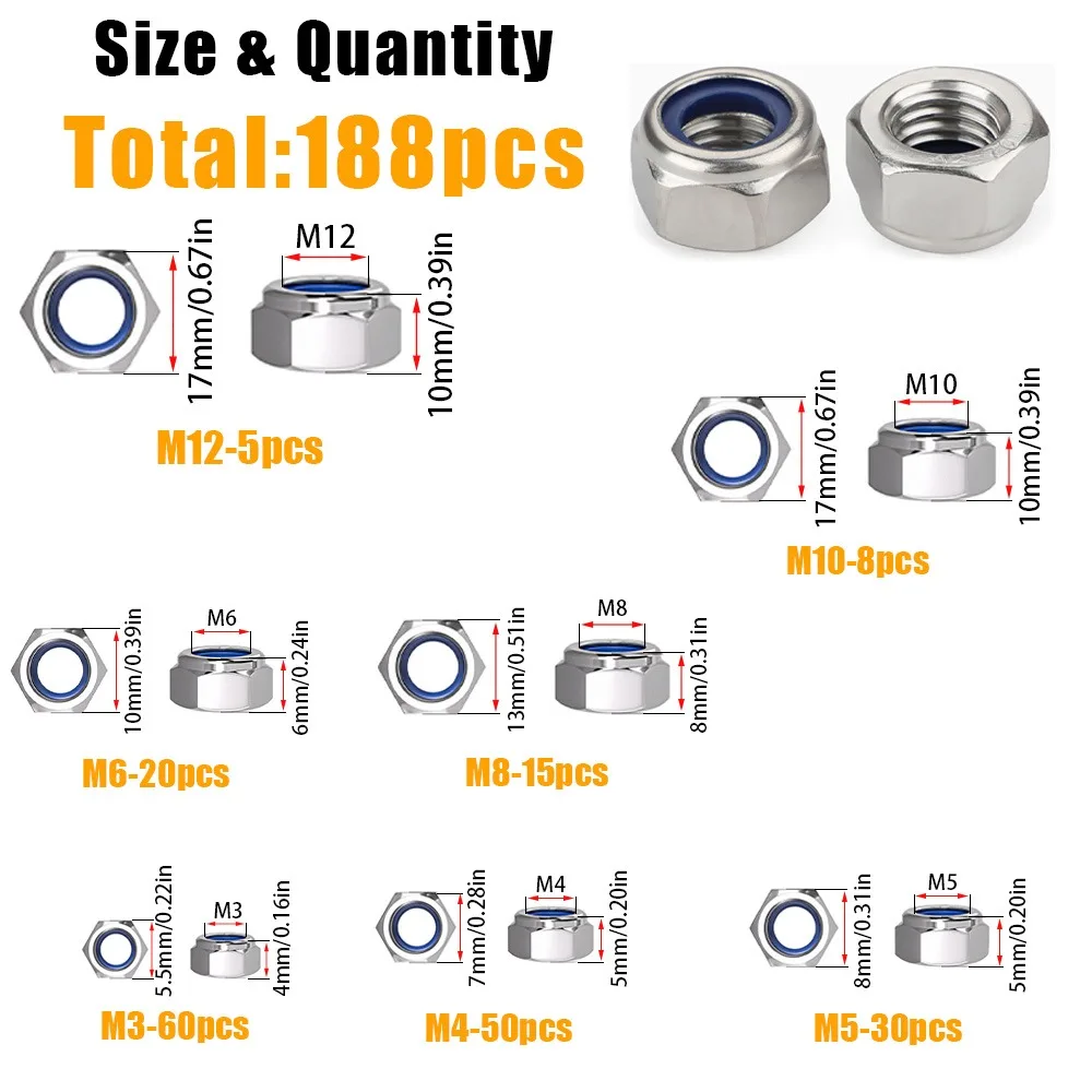 This 188-Piece Locknut Kit (M3-M12) Prevents Bolts from Loosening Under Harsh Conditions Such as Vibration and Impact