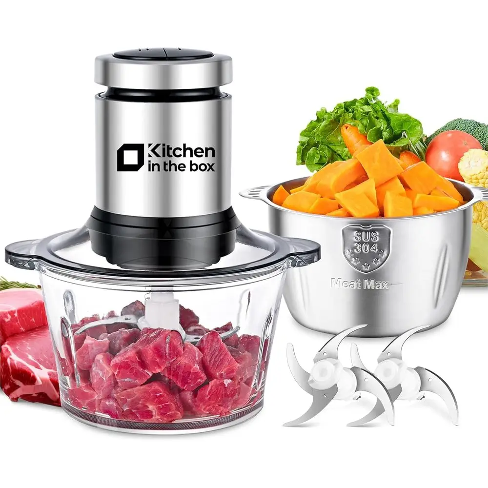 Electric Meat Grinder & Food Chopper with 400W Powerful Veggie Chopper-2 Bowls (8 Cup+8 Cup) & 2 Bi-Level Blades for Meat/Fish/V