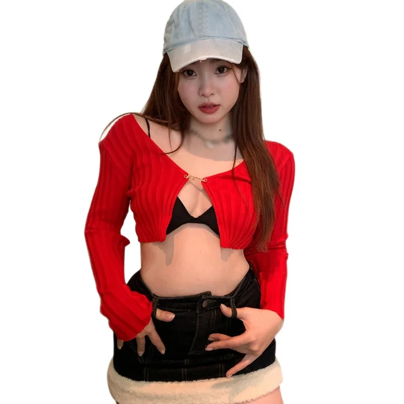 Low Cut Slim Fit Crop Top Cardigan for Women Long Sleeve Casual T Shirt Knitted Shirt V Neck Solid Color Sexy Blouses