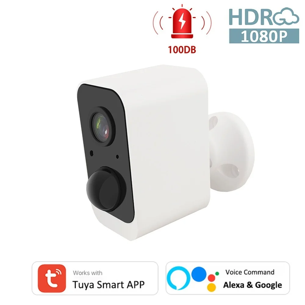 Tuya Smart Surveillance Camera, Bateria Recarregável, Ao Ar Livre, Sem Fio, WiFi, 1080P, Infravermelho, Sirene de Segurança PIR, Alexa, Google, Topo