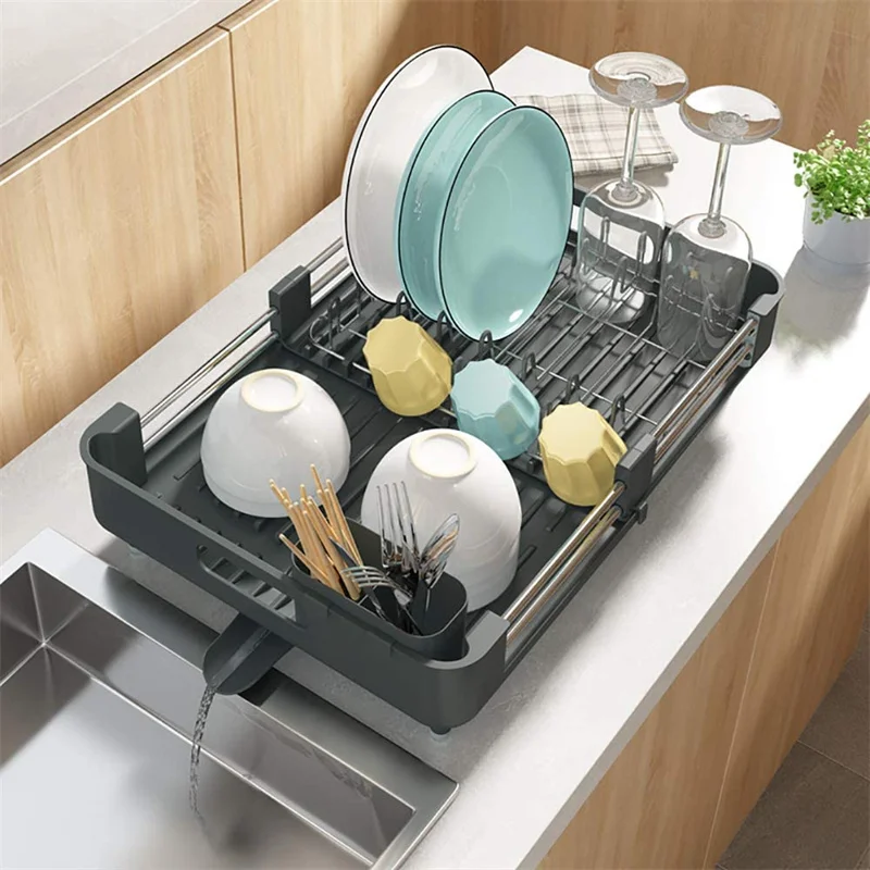 

Stainless Steel Dish Drying Rack Adjustable Kitchen Plates Organizer with Drainboard over Sink Countertop Cutlery Storage Holder