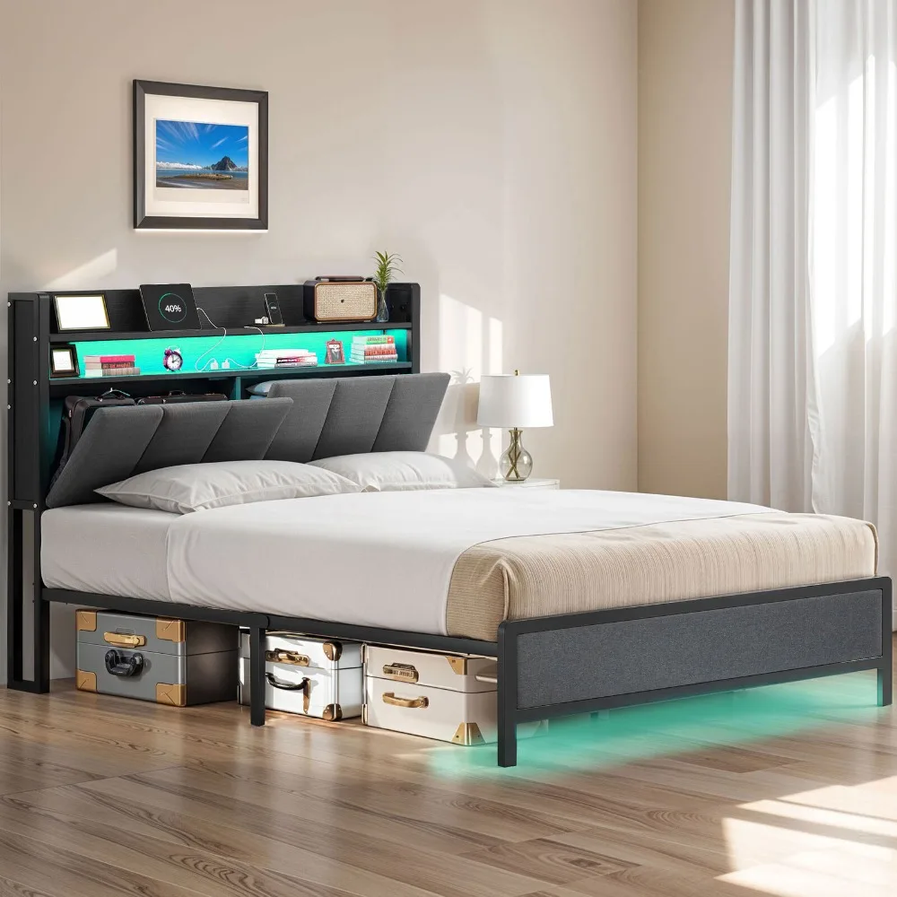 

Full Size Bed Frame Upholstered Platform eadboard Shelves