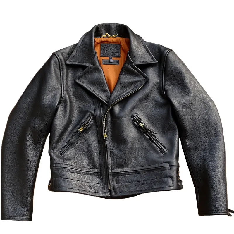 

Black Leather Jacket Men Mounted Police Style Plus Size 5XL Genuine Natural Thick Cowhide Turn-Down Collar Short Leather Coat