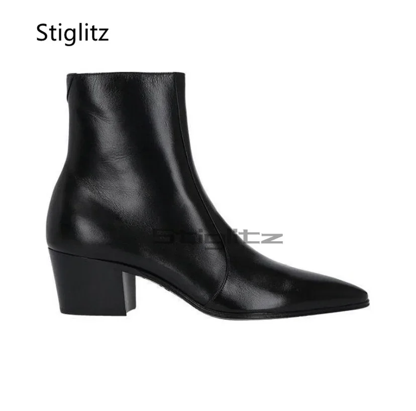 

High Heels Men's Ankle Boots Black Pointed Toe Zip Genuine Leather Chelsea Boots British Style Luxury Business Wedding Shoes