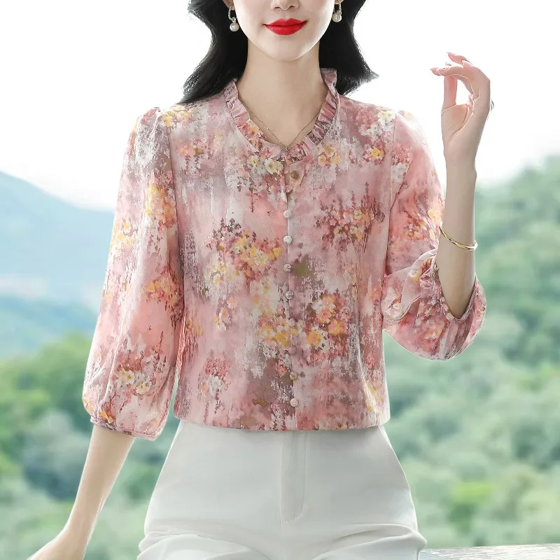 

Elegant Fashion Women Chiffon shirt Retro Floral Printed Tops Summer Ruffles Collar 3/4 Sleeve Loose OL Blouse