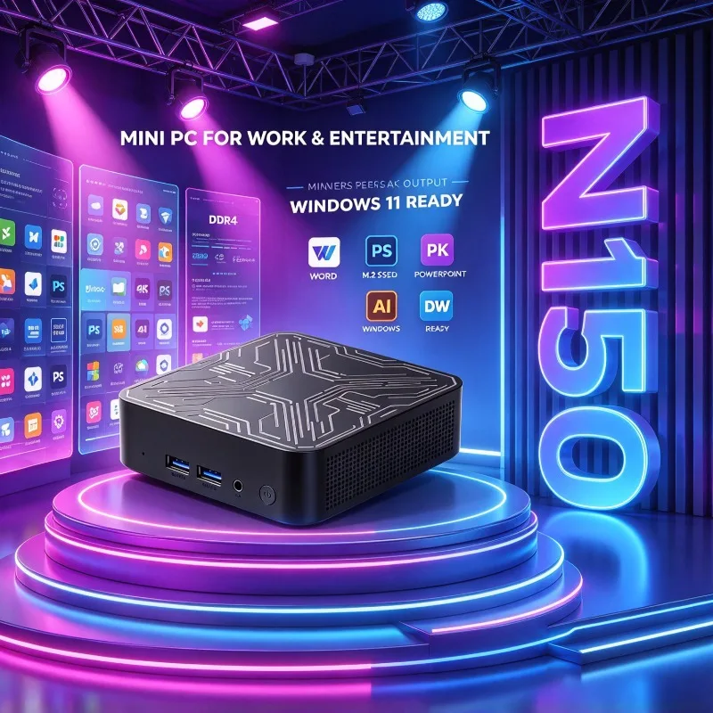 Mini Office PC High-Speed Intel N150 Small Desktop Computer Fast Performance with Rich Ports for Business Office Home Gaming