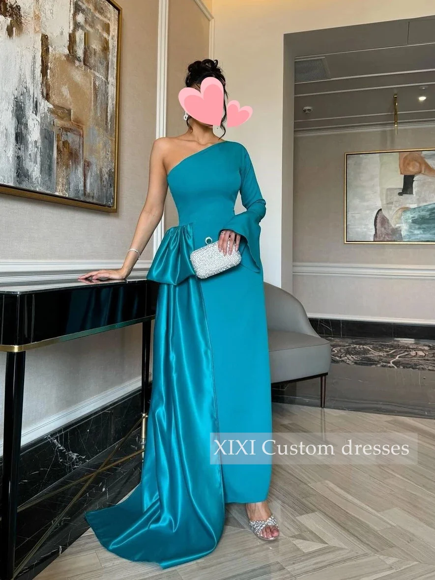 XIXI-vestidos de noche personalizados, corte en A, un hombro, volantes, vestidos de graduación hasta el suelo, forro de manga larga, vestido de noche para mujer