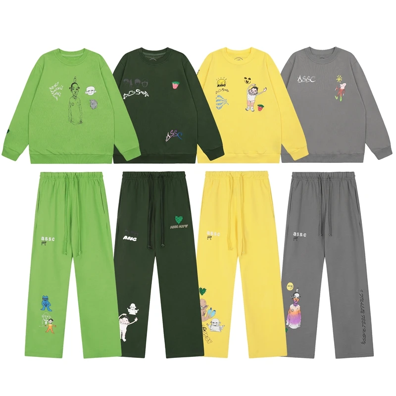

Loose Fit round Ne Sweatirt And Pants Set for Men American High Street Sle Streetwear Cartoon Print Pure Cotton Casual ...