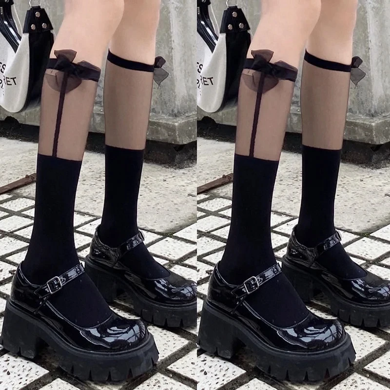 2 Paar transparente, gespleißte Wadensocken, japanische Kniestrümpfe, süße Schleifen-Lolita-Mid-Tube-Socken, College-Kawaii-Mädchen-Schlankstrümpfe