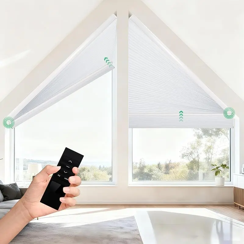 

Custom Trapezoid Shades Thermal Fabric Battery Motor App Alexa Voice Control Electric Honeycomb Blinds For Irregular Window