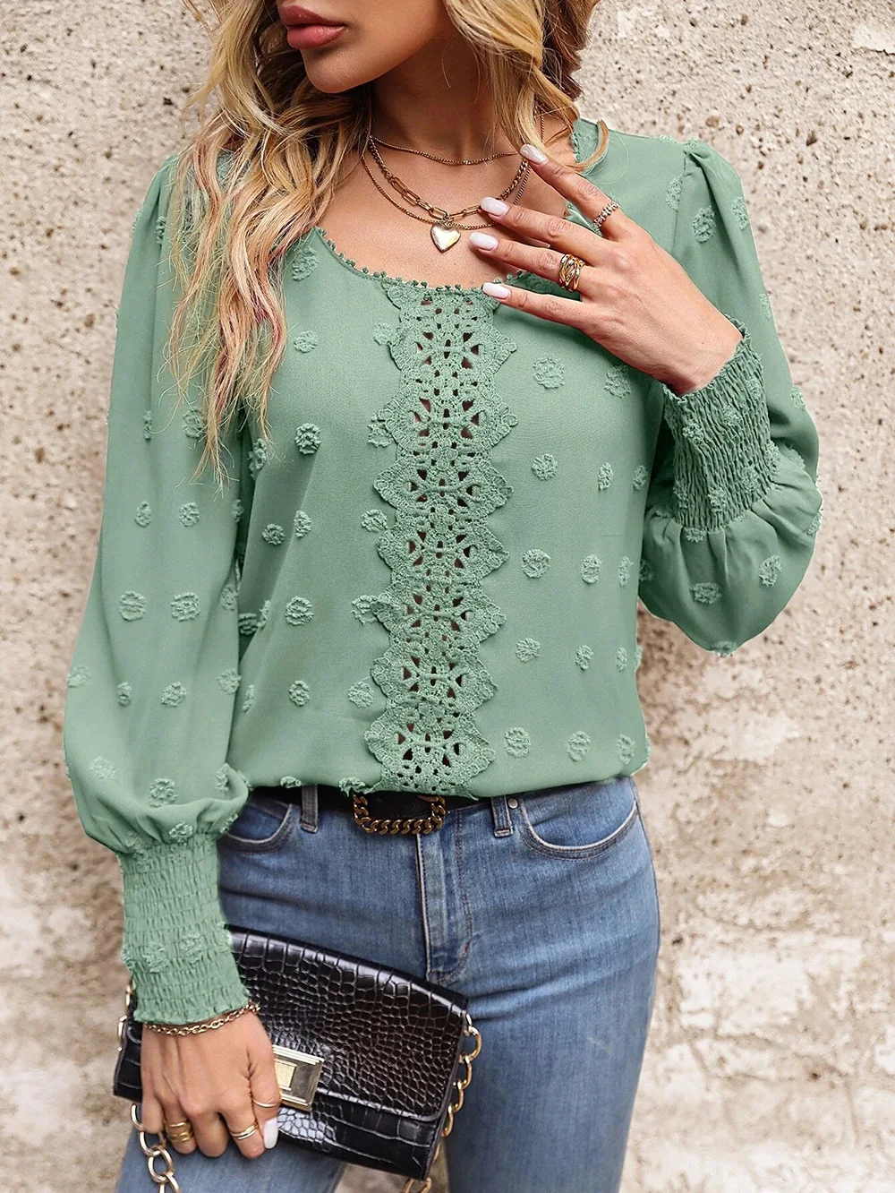 2024 New Solid Blouses For Women Fashion Hollow Out V Neck Puff Sleeves Elegant Office Work Ladies Long Sleeve Casual Shirt