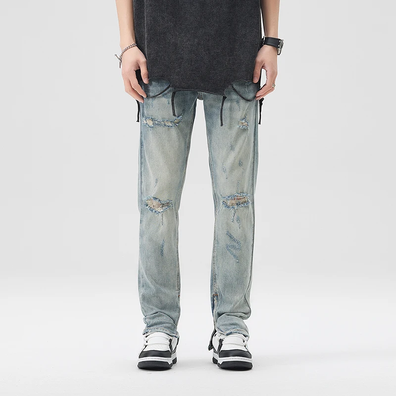 

spring and summer new high street personality hole washed jeans blue trouser zipper design fashion all match jeans men