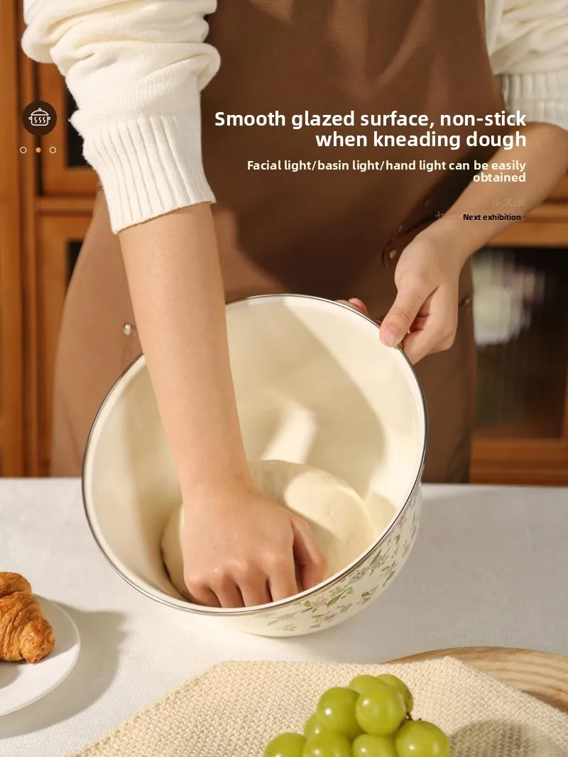 LMM old-fashioned enamel basin with lid, thickened enamel nostalgic extra thick high-end dough washing basin