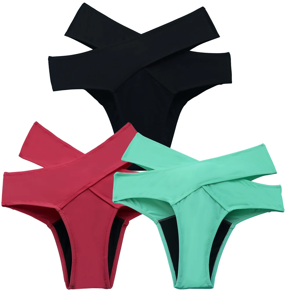 Women's Sexy Panties  Cheeky bottoms Black Red Overlapping Trunks Women Bikini Bottoms Swimwear Green Secret Brazilian Bottom