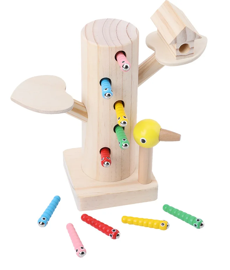 Juguetes Montessori de madera para niños, juego educativo de aprendizaje, pesca, pájaro carpintero, atrapar gusanos, Motor fino, entrenamiento de