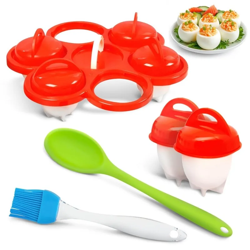 

3-piece boiled egg cooker - silicone boiled egg mold. Eggs are ready in 10 to 15 minutes. Shell-less boiled egg cooking and storage set comes with a bracket, cleaning brush and spoon. Made of non-stick silicone material. Not microwave safe.