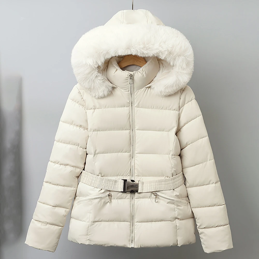 Winter Women Fur Collar Hooded Cotton Coats British Style Slim with Belt Down Cotton Jackets Lady Thick Warm Outerwear 2025 New