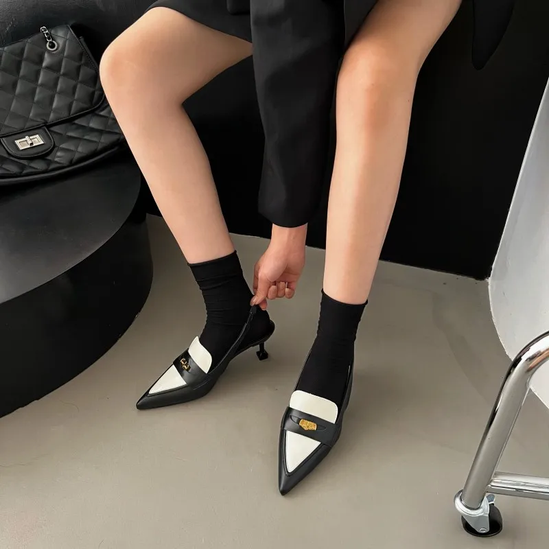 Summer Pointy Mixed Color PU Leather Low Heels Women\'s Sandals Elastic Belt Pumps Metal Decorative Dress Woman Shoes Stiletto