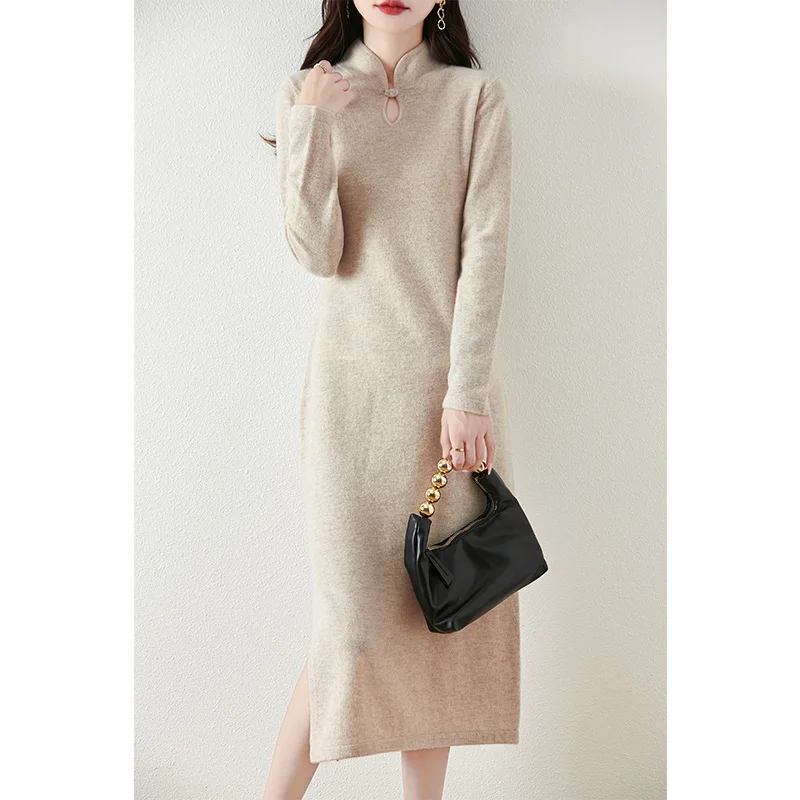 

Autumn and winter stand up collar 100% wool knitted dress, women's mid to long style, waist cinched, slit and button sweater