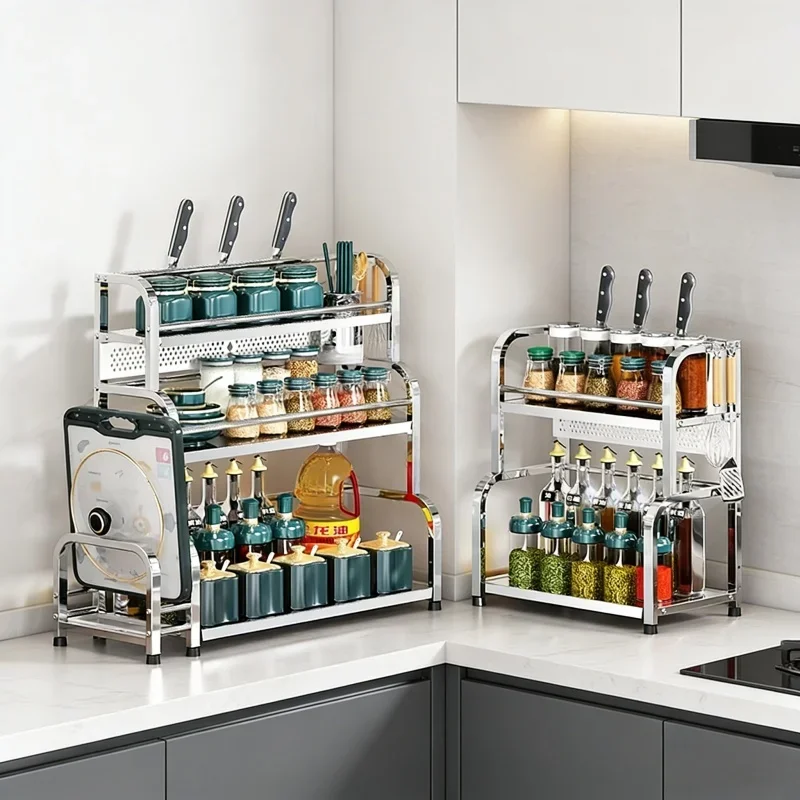 Organizador de Cocina de Acero Inoxidable de 2/3 Niveles, Estante para Especias, Almacenamiento de Condimentos, Soporte para Cuchillos y Palillos, Uso Diario en el Hogar