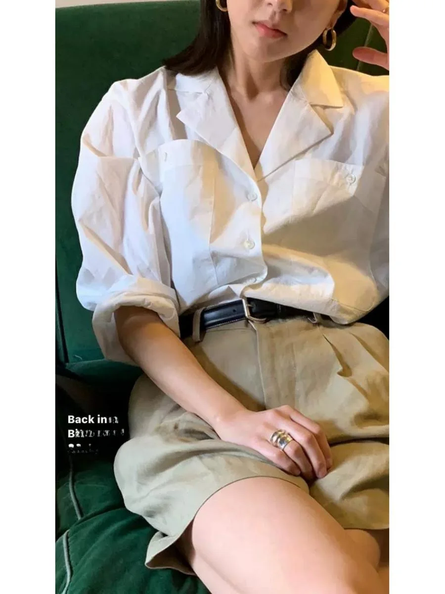

Style Loose Fit Women's Shirt Tailored Suit Collar Slimming Design Summer Commute Fashion Cotton Button up Top