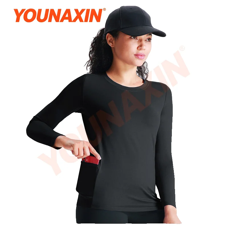 Women’s Quick-Drying Breathable Long-Sleeved Round-Neck Sports T-Shirt with Two Side Pockets Casual Running Fitness Top YOUNAXIN