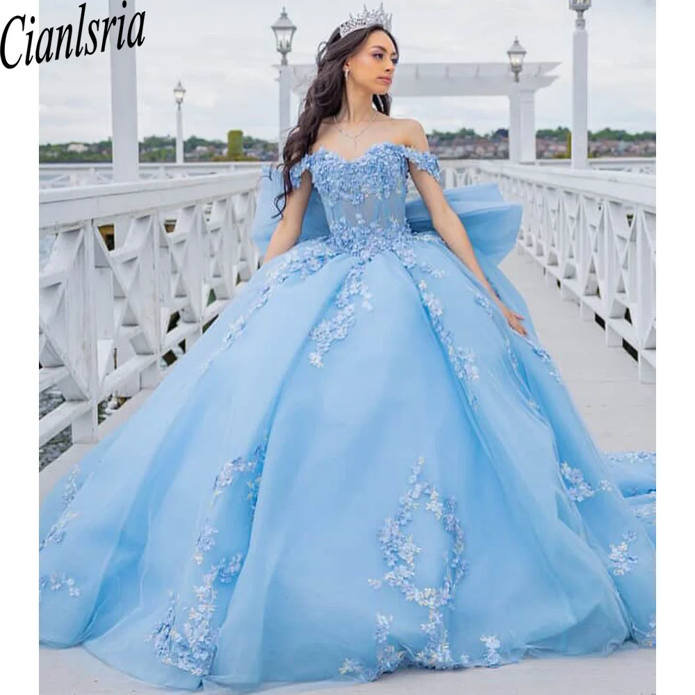 

Блестящие платья Quinceanera для девочек, милое платье с открытыми плечами и большим бантом, халат принцессы Bleu Femme по индивидуальному заказу
