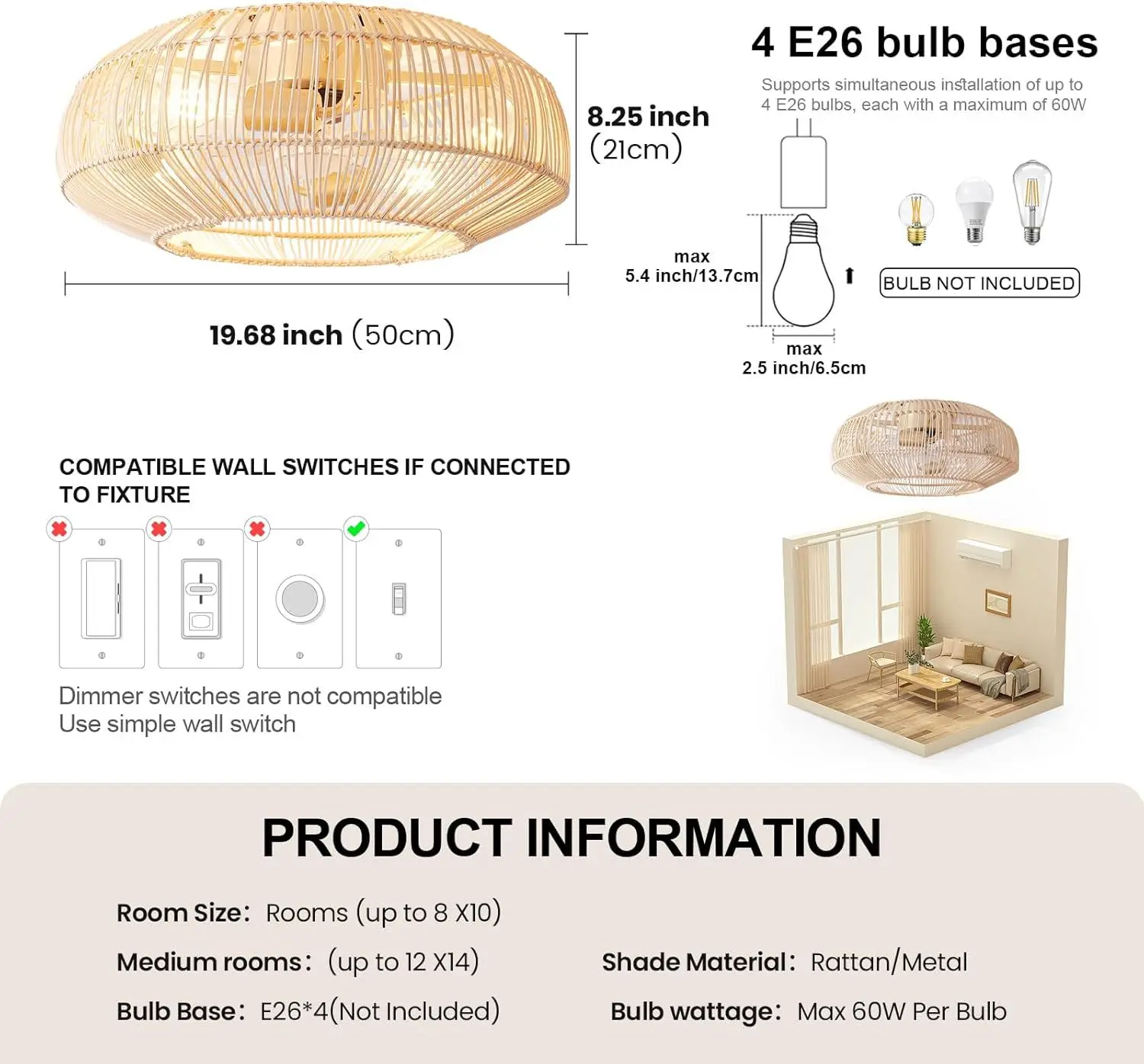 Bamboe plafondventilator ventilatoren met verlichting afstandsbediening slaapkamer decor ventilator lamp 50cm lucht onzichtbare bladen intrekbaar stil