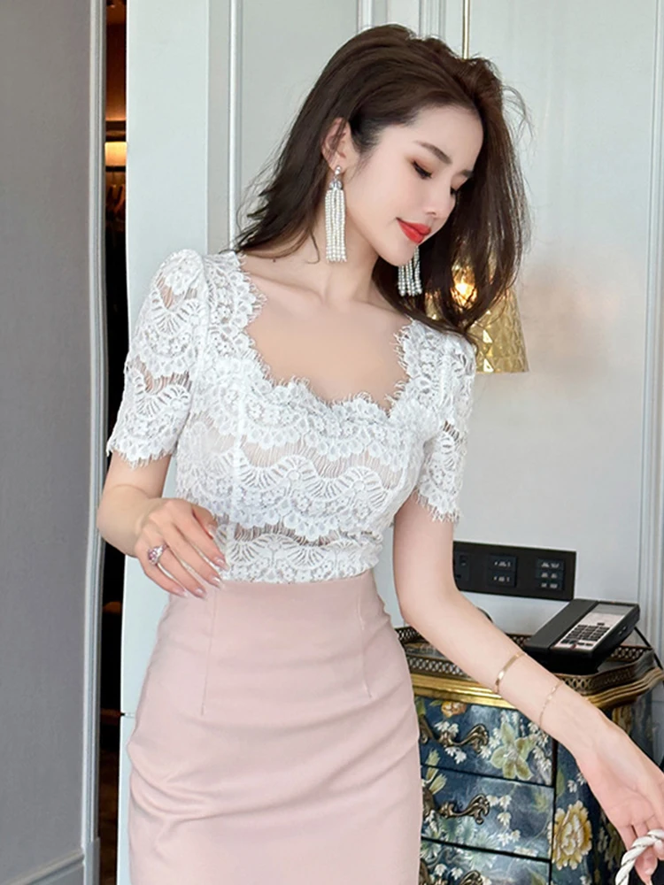 2023 Fashion Elegant White Blouse Hook Floral Hollow Women Tops Sweet Outfits Sheer Lace Sexy T-Shirts Tees Party Street Clothes