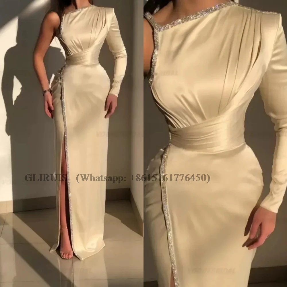 

Elegant Champagne Evening Gowns One Shoulder Long Sleeves Prom Dresses Beaded Mermaid Wedding Party Dress Vestidos para mujer