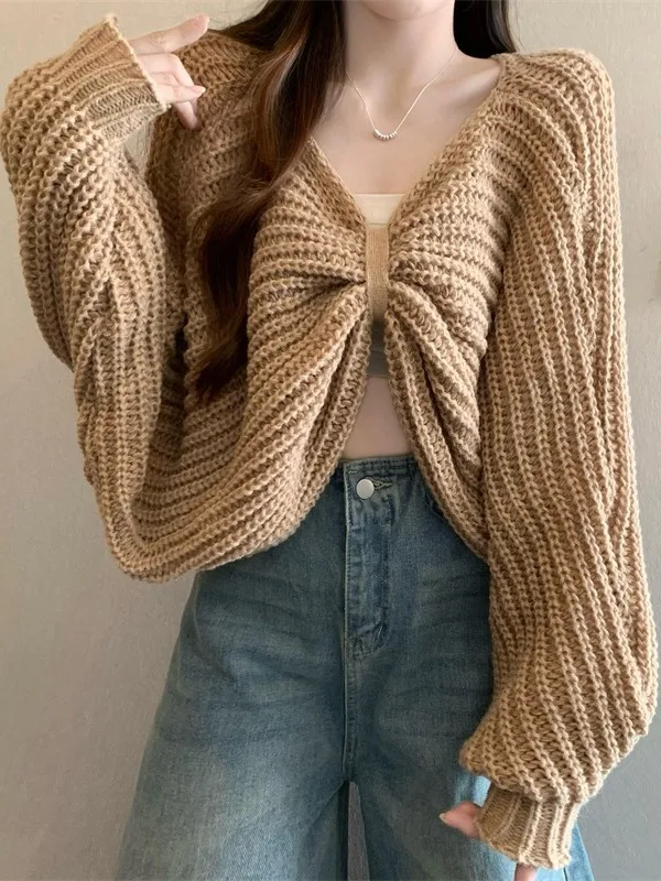

Women's ort Sve Long Sve V-Ne Knitted Sweater Knot Autumn Winter New Sle Faionable Bat Sle Top