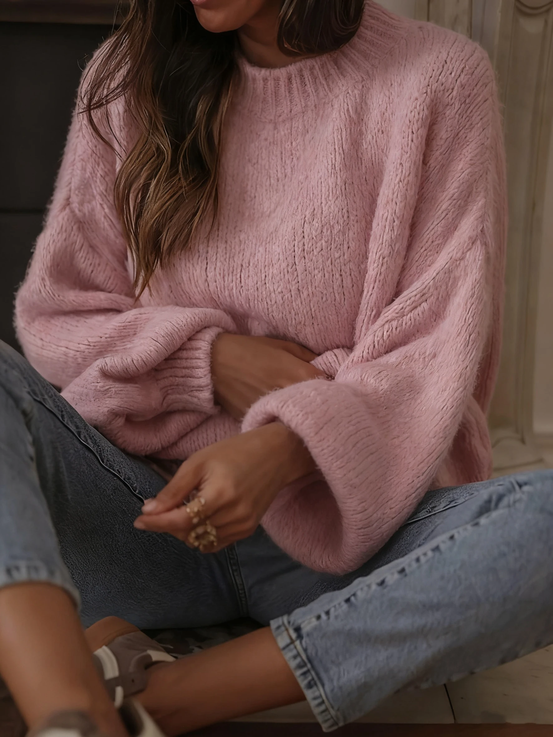 Gebreide damestrui in Europese en Amerikaanse stijl, effen kleur, eenvoudige, losse trui met ronde hals