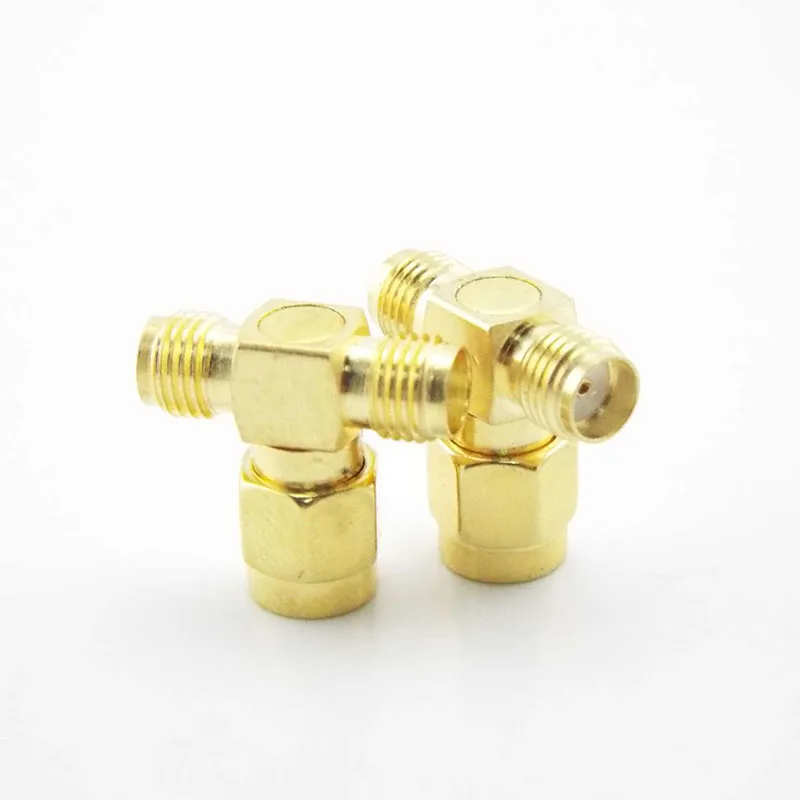 3 Way T Type SMA Male Plug to 2 SMA Female Jack adapter RF Coaxial Connector Splitter Antenna Converter Gold-Plated Brass R1