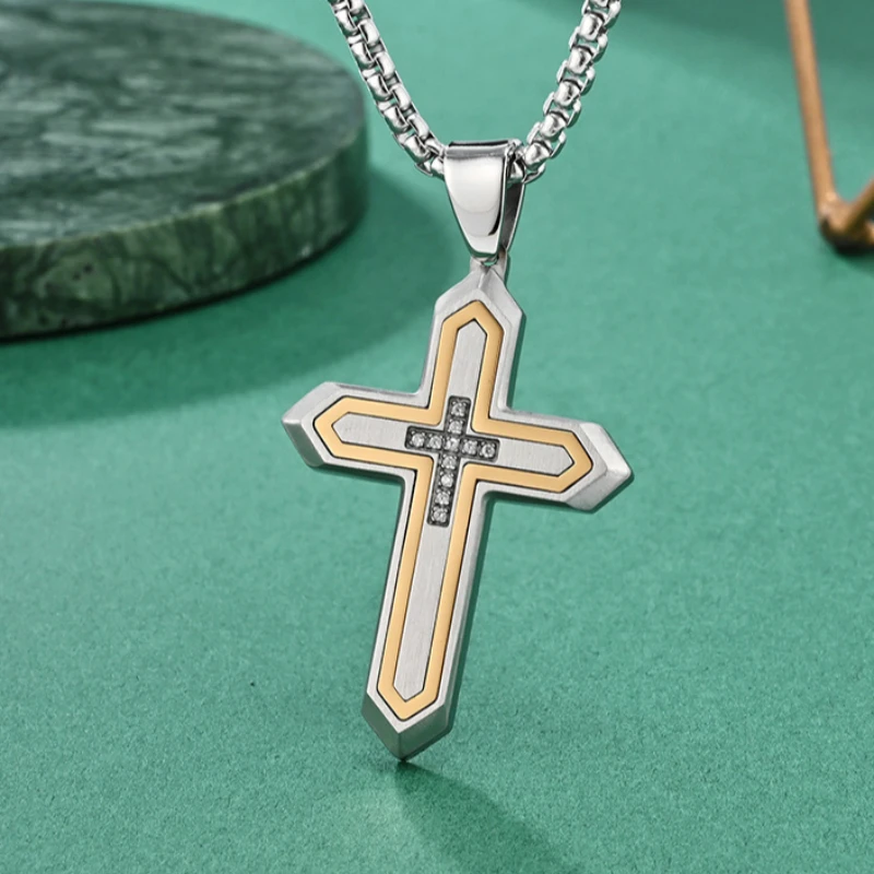 Kreuz Anhänger Edelstahl Qin Kaiser Schwert Körper Design Zwei Ton Hochwertige Halsketten Modische Schmuck Party Geschenk – Detail 4