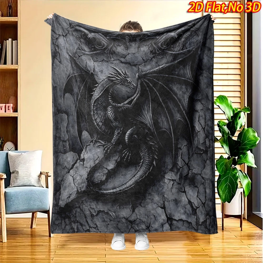Dark Cracked Stone Background Giant Winged Dragon Gothic Fantasy Myth Full Print Fluffy Blanket Warm Couch Cover Gift