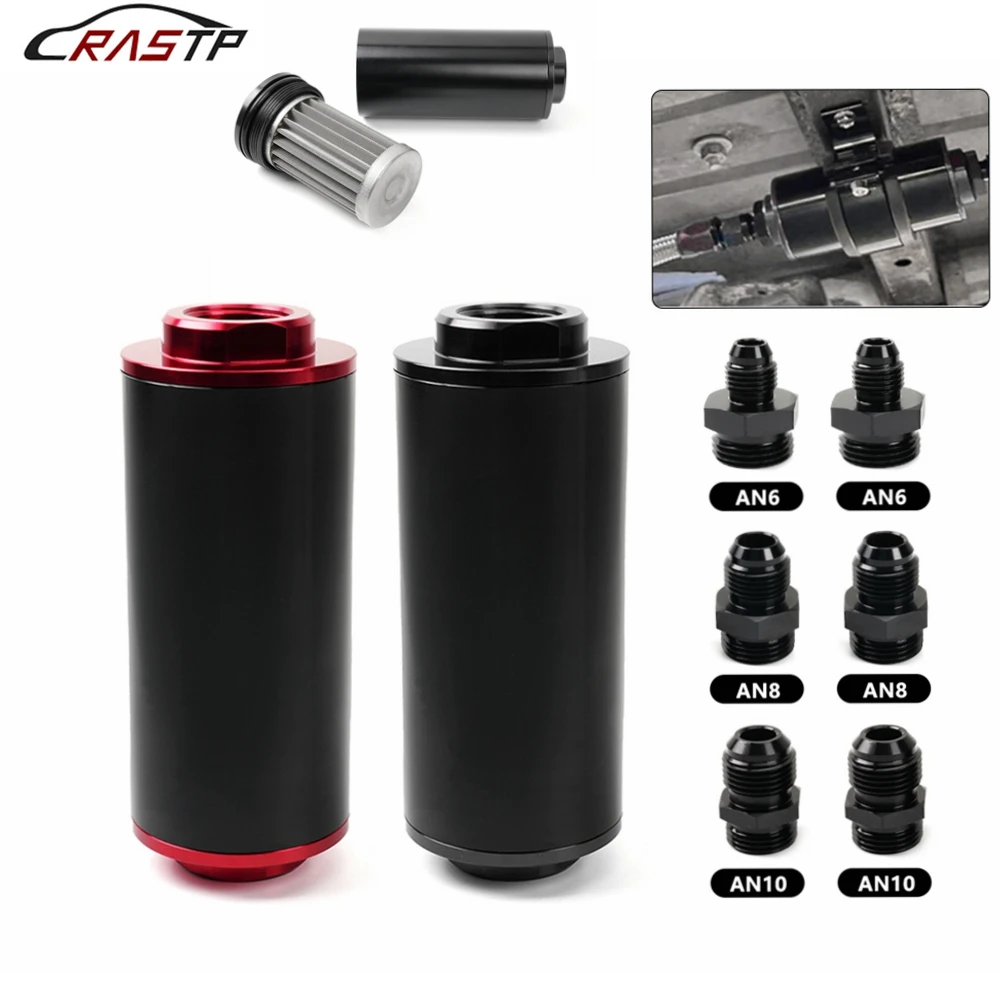 

RASTP-44MM 60 Micron/ 50MM 100 Micron Racing Inline Fuel Filter With Mount with AN10 AN8 AN6 Fittings Adapter RS-FRG014