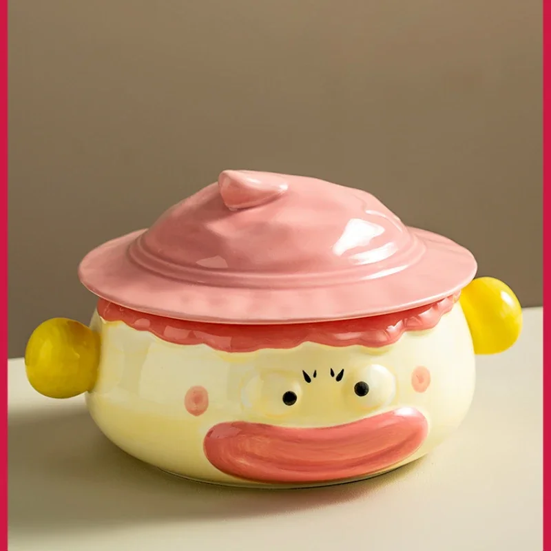 Cute ceramic instant noodle bowl with lid large creative cartoon clown ears girl soup bowl tableware.