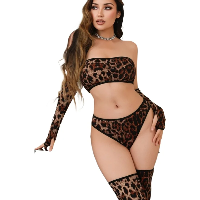 Women's Lingerie - Sexy Leopard Print Three-piece Racerback Set - Women's Lingerie Multi-piece Set   Bra and Panty Set  Bra